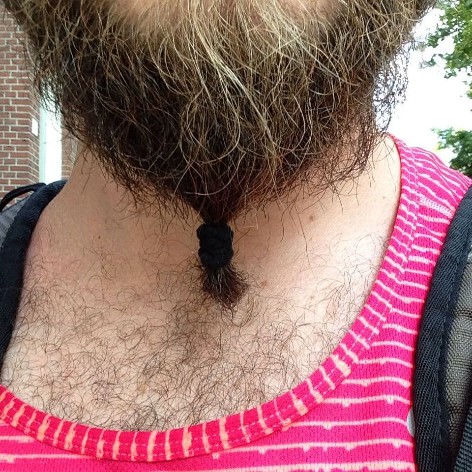 A long beard tied with a hair band at the end, over a pink striped top