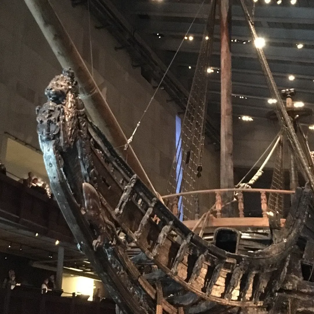 The carved wooden prow of the Vasa warship, in its museum hall