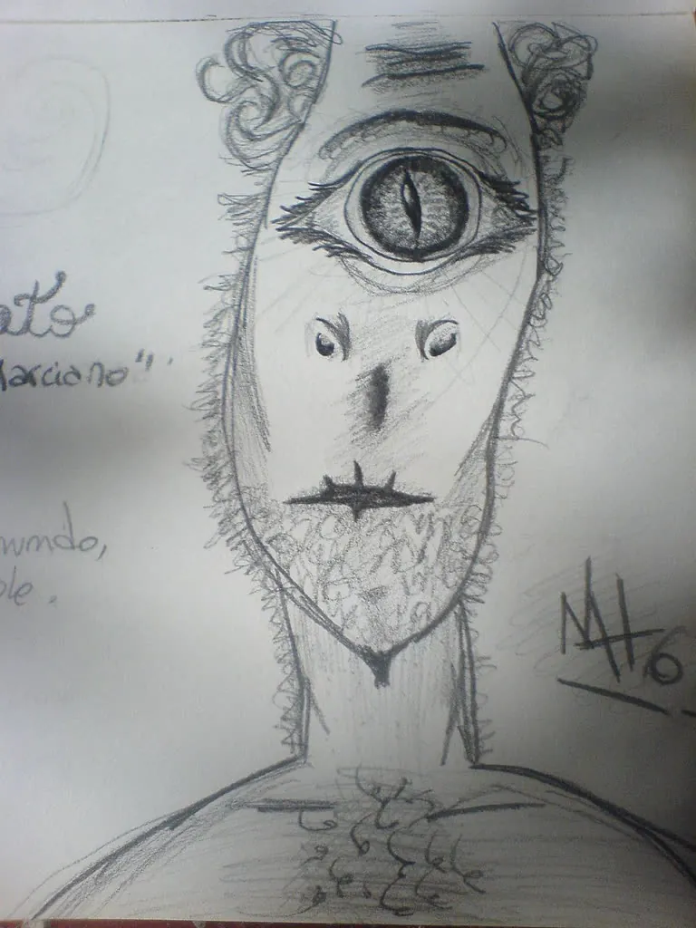 Dibujo a lápiz de una cara con un solo ojo enorme en la frente